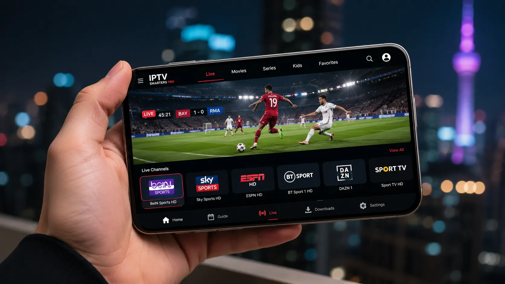 Collection of compatible IPTV devices including Fire TV Stick, Android box, tablet, and smartphone