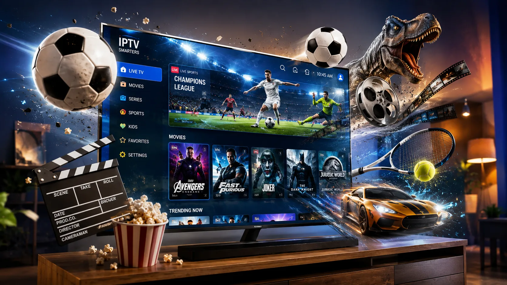 IPTV streaming interface showing live TV channels and on-demand content on a modern smart TV